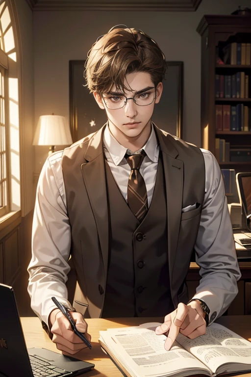 (1male, Eyes looking at the camera, Perfect male body, Extremely detailed CG, 8K wallpaper, Complicated details, solo person, Detailed face, Brown hair, brown eyes, white shirt, brown coat, brown suit vest, Glasses, gloomy face, Sit in front of laptop, Behind it there is a large bookcase, sitting at the work desk, was in the work room, color difference, Depth of field, dramatic shadow, Ray tracing, Best quality, Cinematic lighting, dark room lighting, offcial art)
