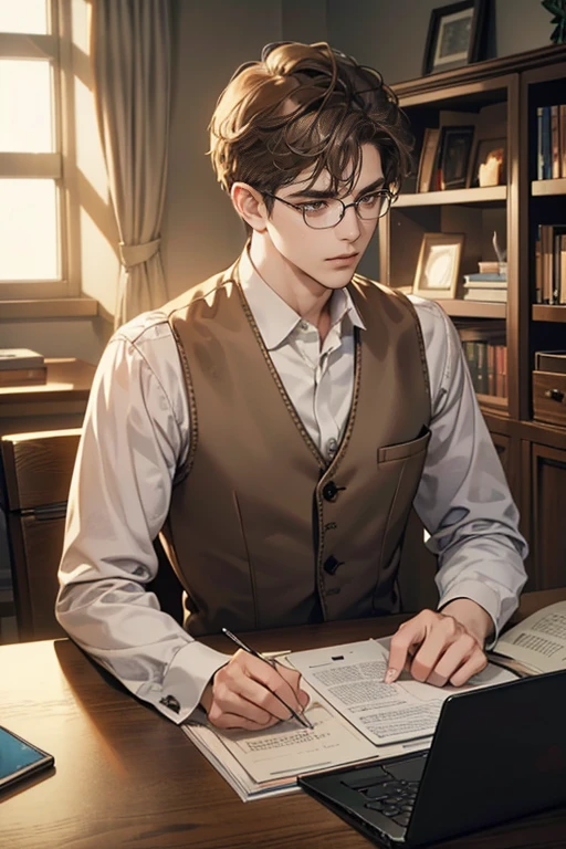 (1male, Eyes looking at the camera, Perfect male body, Extremely detailed CG, 8K wallpaper, Complicated details, solo person, Detailed face, Brown hair, brown eyes, white shirt, brown coat, brown suit vest, Glasses, gloomy face, Sit in front of laptop, Behind it there is a large bookcase, sitting at the work desk, was in the work room, color difference, Depth of field, dramatic shadow, Ray tracing, Best quality, Cinematic lighting, dark room lighting, offcial art)