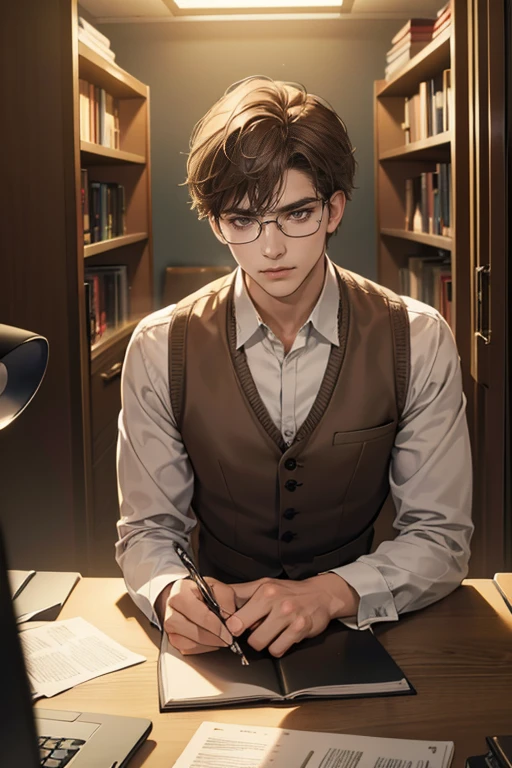 (1male, Eyes looking at the camera, Perfect male body, Extremely detailed CG, 8K wallpaper, Complicated details, solo person, Detailed face, Brown hair, brown eyes, white shirt, brown coat, brown suit vest, Glasses, gloomy face, Sit in front of laptop, Behind it there is a large bookcase, sitting at the work desk, was in the work room, color difference, Depth of field, dramatic shadow, Ray tracing, Best quality, Cinematic lighting, dark room lighting, offcial art)