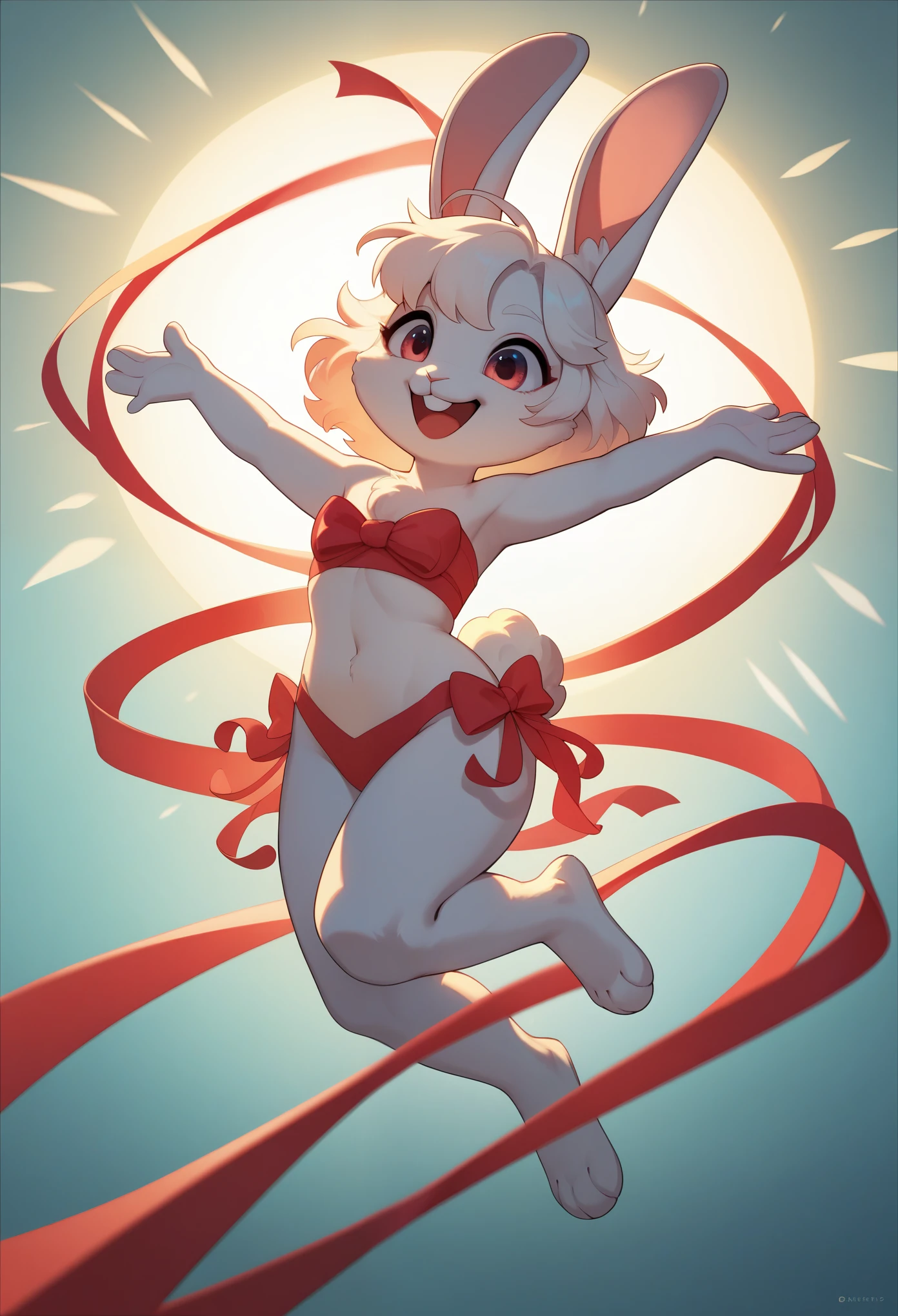 top quality, best quality, highres, masterpiece, absurdres, Perfect Anatomy(furry, angelic cute 1girl)(furry anthro, rabbit Facial Features, rabbit Body Features)(rabbit ears, Highly Detailed Body Fur)audition floor, dancing, flowing colorful ribbon, jumping, joyful smile, absurdres, volumetric lighting, good lighting, cinematic shadow,