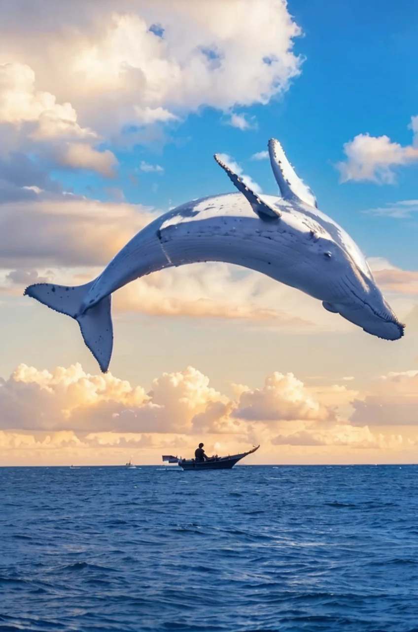 Amidst the golden glow of twilight, a lone figure sits in a small boat, eyes wide with awe as a colossal whale arcs majestically over them. In the distance, towering cumulonimbus clouds loom, their dark edges highlighted by the fading sun, adding to the scene's breathtaking drama and ethereal beauty. Oil painting