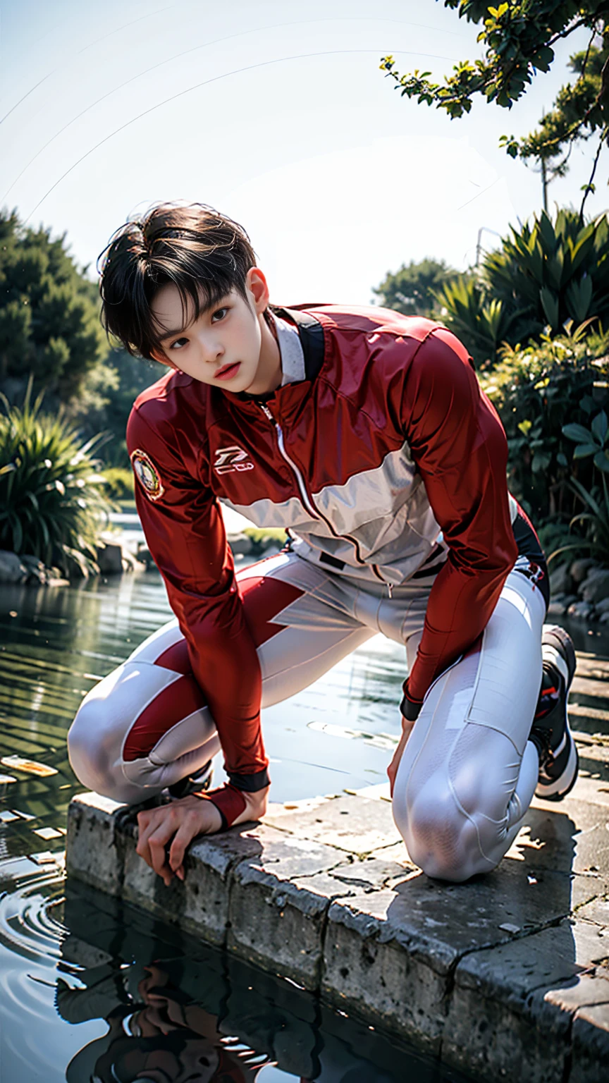 masterpiece,best quality,(Frontal upward perspective),Front view,(A well-built 18-year-old tall boy:1.2), (Kneeling upright in the middle of the stream:1.2),Orange tight cycling suit,male,(Broad shoulders),Muscular shoulders,(Extremely strong body),Fitness,Inverted triangle figure,Biceps,Highlight muscle texture, Muscular body,Small head,(Handsome and cute face),V-Shaped Face,Perfectly detailed facial features,sports shoes,Looking at the camera,An angry and serious expression,leaning back,head tilt, happy, very short hair, brown hair,(looking at viewer:1.2),Wide-angle lens