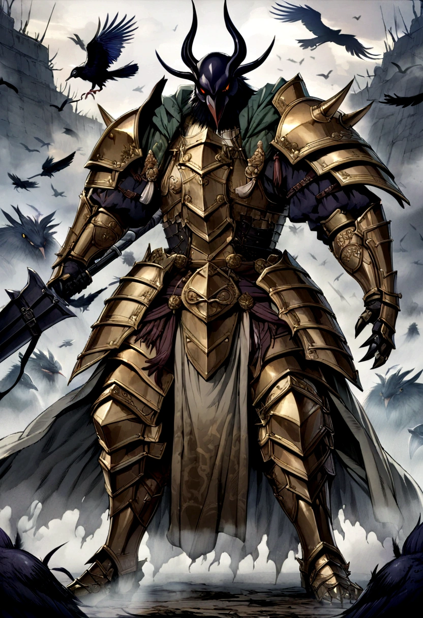 Sengoku period,full body armored,(((detailed)))fighting pose,strong,(((detailed)))Demon Mask,Fully Armored,Equipped with powerful weapons,(((detailed)))Beautiful Armor,Shiny Armor,Exquisite Weapons(((detailed)))Full Body Shot,Shrouded in fog,Chaotic Battlefield、Crow,