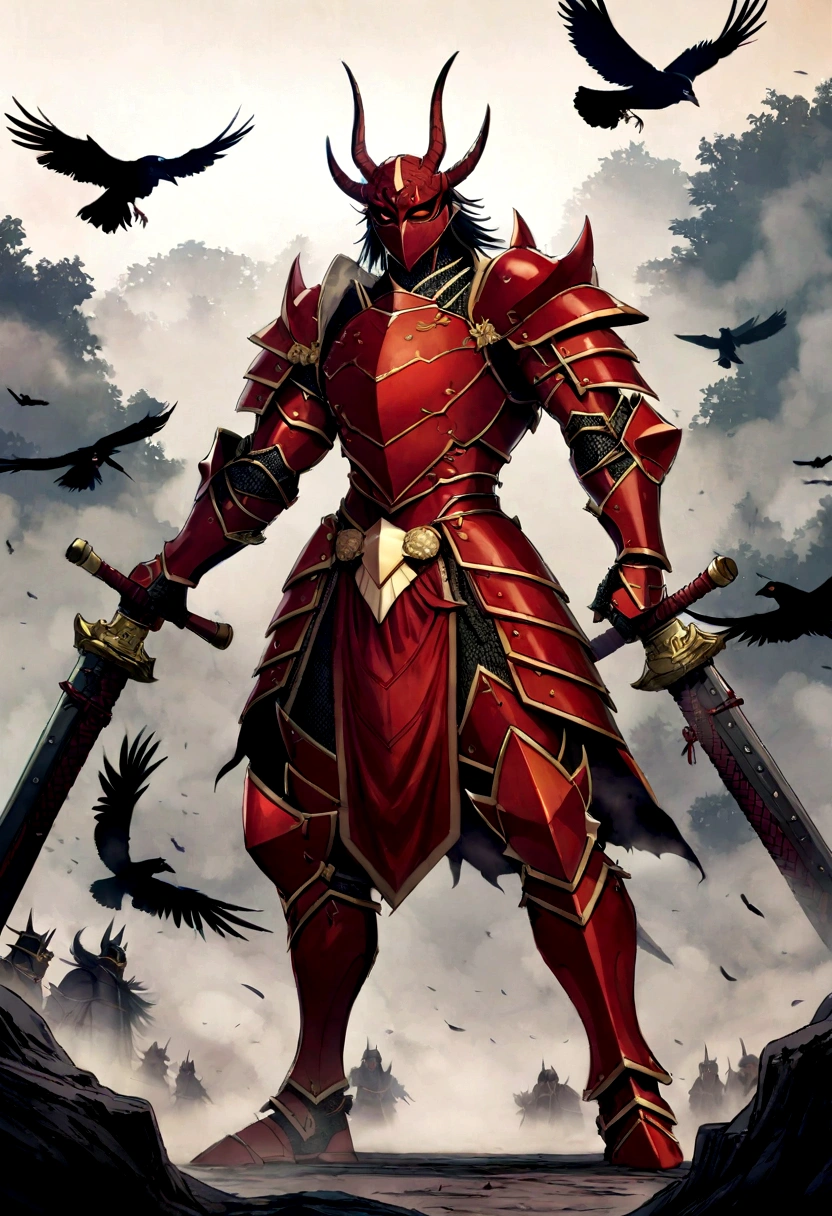 Sengoku period,full body armored,(((detailed)))fighting pose,strong,(((detailed)))Demon Mask,Fully Armored,Equipped with powerful weapons,(((detailed)))Beautiful Armor,Shiny Armor,Exquisite Weapons(((detailed)))Full Body Shot,Shrouded in fog,Chaotic Battlefield、Crow,