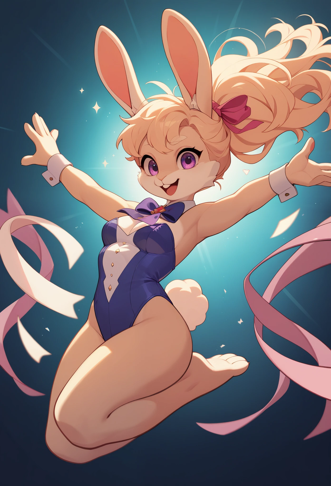 top quality, best quality, highres, masterpiece, absurdres, Perfect ???????(furry, angelic cute 1girl)(furry anthro, rabbit Facial Features, rabbit Body Features)(rabbit ears, Highly Detailed Body Fur)audition floor, dancing, flowing colorful ribbon, jumping, joyful smile, absurdres, volumetric lighting, good lighting, cinematic shadow,