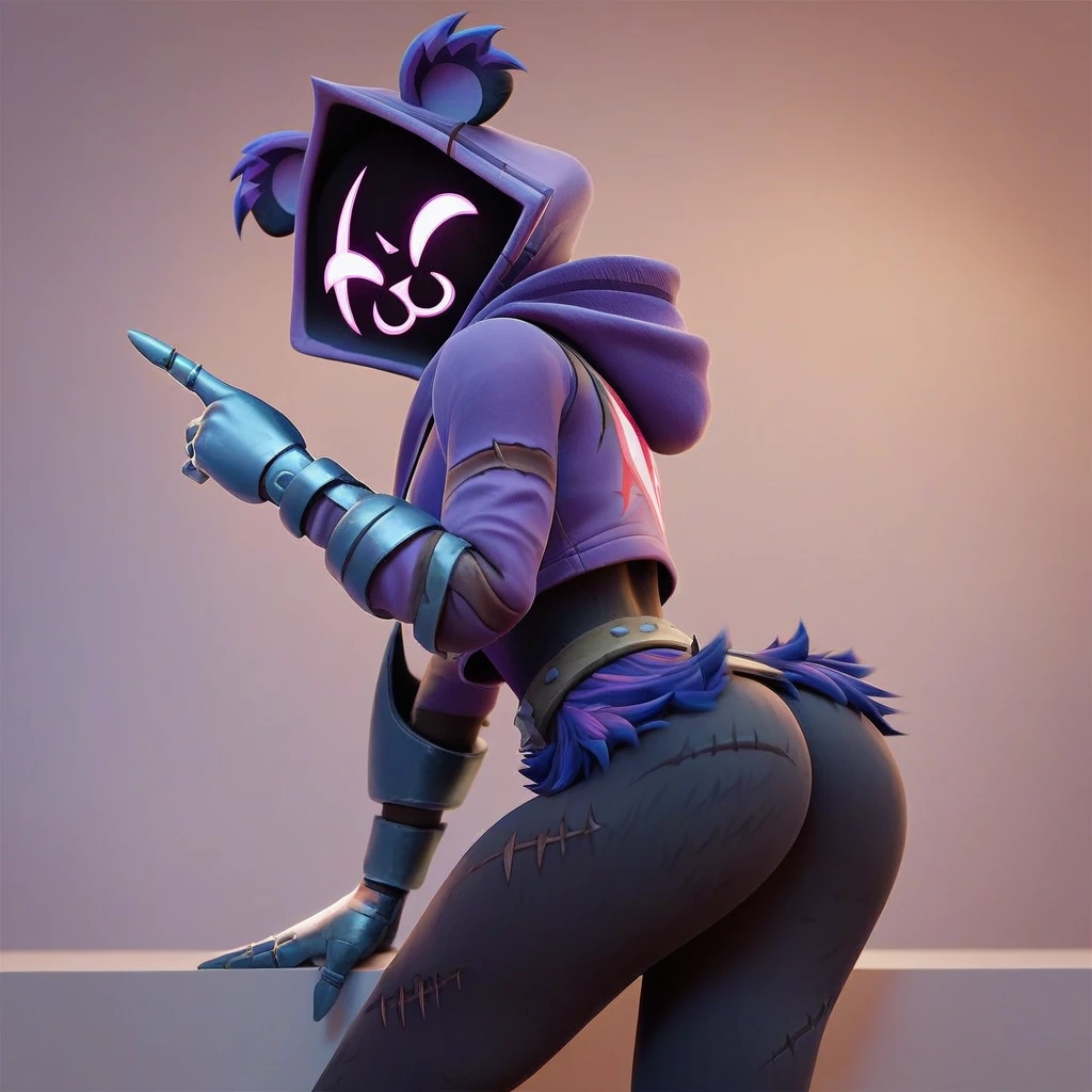 Raven team leader,purple hoodie, with no face, shadowed face, animal ears,purple skin, scar on eye, body skin, purple fur, waist belt, torso symbol, metal gloves, pointing your ass at the viewer, leaning forward, pushing, she closes her eyes, hands resting on top of a small wall, her with her eyes closed, hands are not in the air, expression of force, clear and blue day