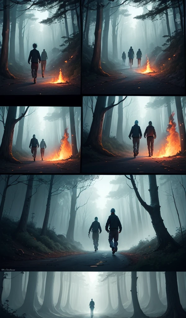 (Anime style, highly detailed), one boy and one girl running out of the candy house in a deep forest with an eerie atmosphere. Scared expressions with the house in flames behind them and the night sky illuminated by the fire. Sweets and treats all around with a forest path ahead, evoking a sense of urgency and relief.