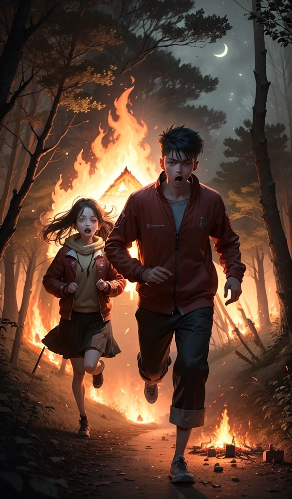 (Anime style, highly detailed), one boy and one girl running out of the candy house in a deep forest with an eerie atmosphere. Scared expressions with the house in flames behind them and the night sky illuminated by the fire. Sweets and treats all around with a forest path ahead, evoking a sense of urgency and relief.
