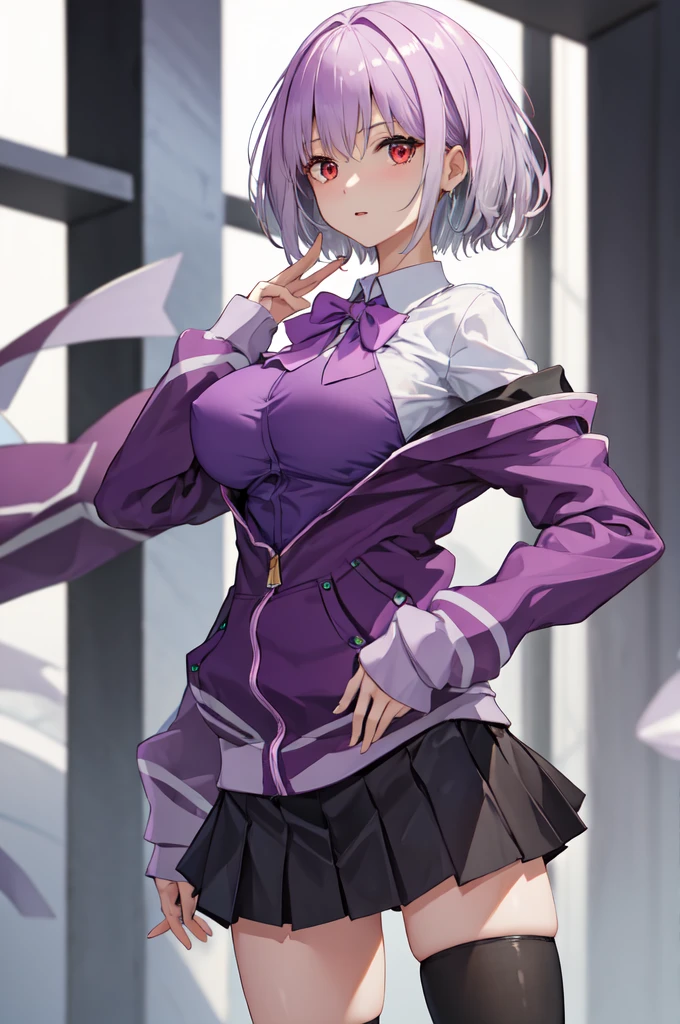 masterpiece, best quality, highres, aaakane, short hair, red eyes, large breasts, purple bowtie, collared shirt, white shirt, off shoulder, purple jacket, partially unzipped, long sleeves, sleeves past wrists, pleated skirt, black skirt, pantyhose, cowboy shot, standing, sky,Corruption,스타킹, 다리꼬기,