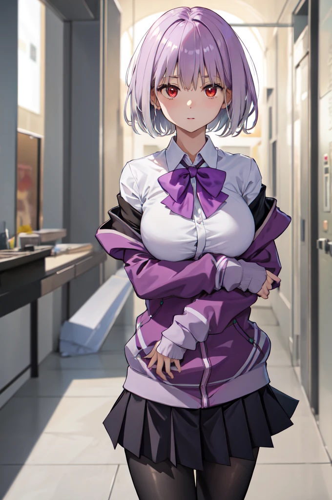 masterpiece, best quality, highres, aaakane, short hair, red eyes, large breasts, purple bowtie, collared shirt, white shirt, off shoulder, purple jacket, partially unzipped, long sleeves, sleeves past wrists, pleated skirt, black skirt, pantyhose, cowboy shot, standing, sky,Corruption,스타킹, 다리꼬기, 