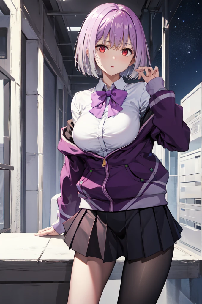 masterpiece, best quality, highres, aaakane, short hair, red eyes, large breasts, purple bowtie, collared shirt, white shirt, off shoulder, purple jacket, partially unzipped, long sleeves, sleeves past wrists, pleated skirt, black skirt, pantyhose, cowboy shot, standing, sky,Corruption,스타킹, 다리꼬기,