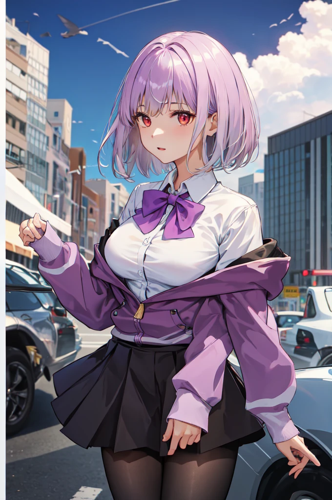 masterpiece, best quality, highres, aaakane, short hair, red eyes, large breasts, purple bowtie, collared shirt, white shirt, off shoulder, purple jacket, partially unzipped, long sleeves, sleeves past wrists, pleated skirt, black skirt, pantyhose, cowboy shot, standing, sky,Corruption,스타킹, 다리꼬기,