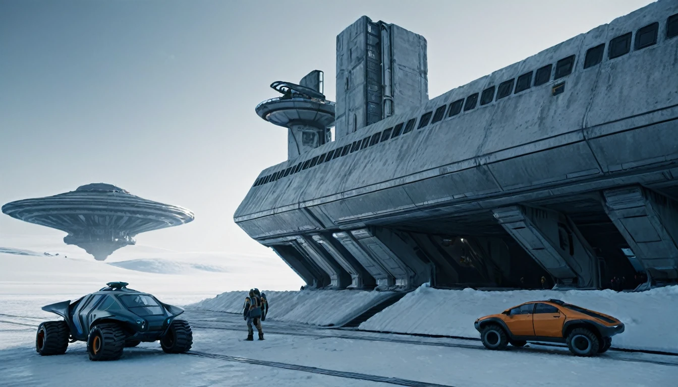 On a frozen planet, a futuristic designed alien spaceship parked on the icy surface. Several members of the alien crew descend an extended ramp from the ship... These aliens have space suits adapted to the icy environment, showing advanced and incomprehensible technologies. In the background, A minimalist and brutalist concrete station is erected.. The station has straight and robust lines., with a solid and monolithic appearance, contrasting with the icy surroundings. The structure is simple but imposing., with large concrete blocks, small windows and thick walls that seem impenetrable. cinematic lighting, very high resolution, 4k hyperrealistic image