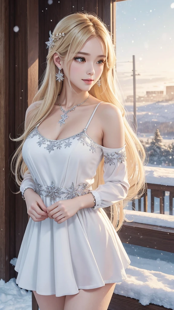 Winter gives snowflakes to Spring. His enjoyable expression, the shine of the snow he holds, and the landscape of the snowy field behind him are impressive. 8K , HD, highly detailed, realistic, photography, photo realism --ar 9:16 -- at 6.0 --s 750,alone, Long Hair, View your viewers, Blonde, Brown eyes, gem, whole body, Realistic, Sexy、Big Breasts 、stockings、clip on earrings,during,bracelet、embarrassed,blouse、princess dress