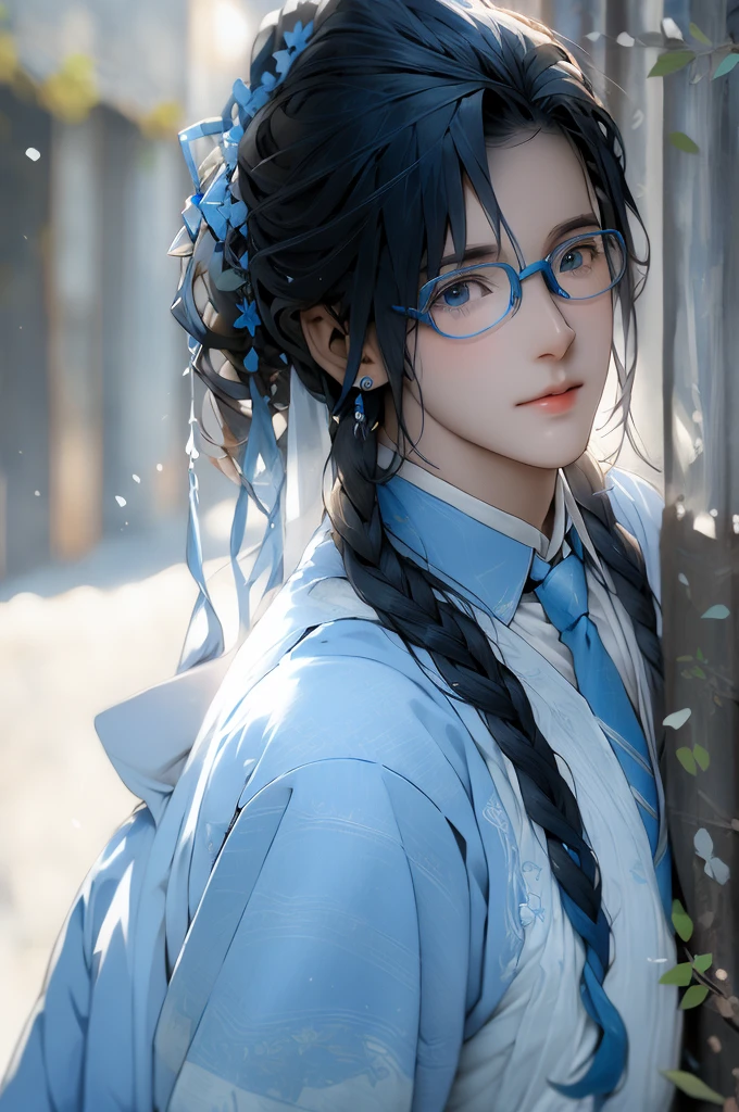 Blue tie,Gray suit,wear glasses,Mediterranean hairstyle,Middle-aged male with back hair