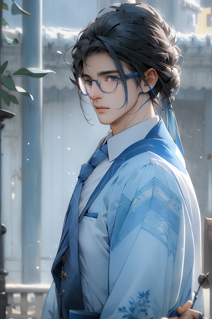 Blue tie,Gray suit,wear glasses,Mediterranean hairstyle,Middle-aged male with back hair