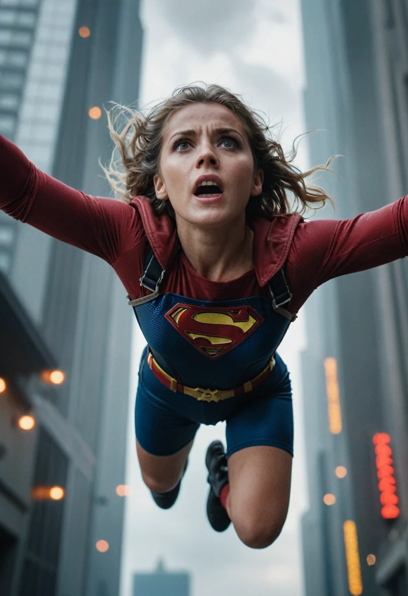 (GoPro view :1.1), Super Girl in a (Die Hard (1988) film scene:1.1),hyperrealistic,professional,gloomy horror crushing atmosphere,hyperrealistic,soft bokeh,(hyperrealism),view from below shot,cinematic quality,((cinestill 800 film)),detailed realistic,35mm,rendered by octane,iso 150,