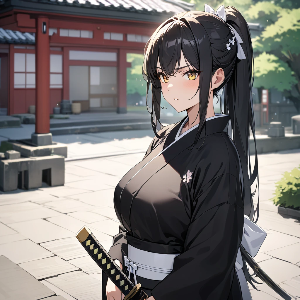 A woman wearing a traditional black kimono with white details, large breasts, black hair, long hair, ponytail hair, white bow in her hair, yellow eyes, serious face, holding a katana with sheath, standing outside a Japanese dojo, tree sakura around, concrete walkway with garden in the background,,UHD , prime work , accurate , anatomically correct , textured skin , super details , high quality , best quality, 8k, high resolution, bokeh effect. (woman alone)
