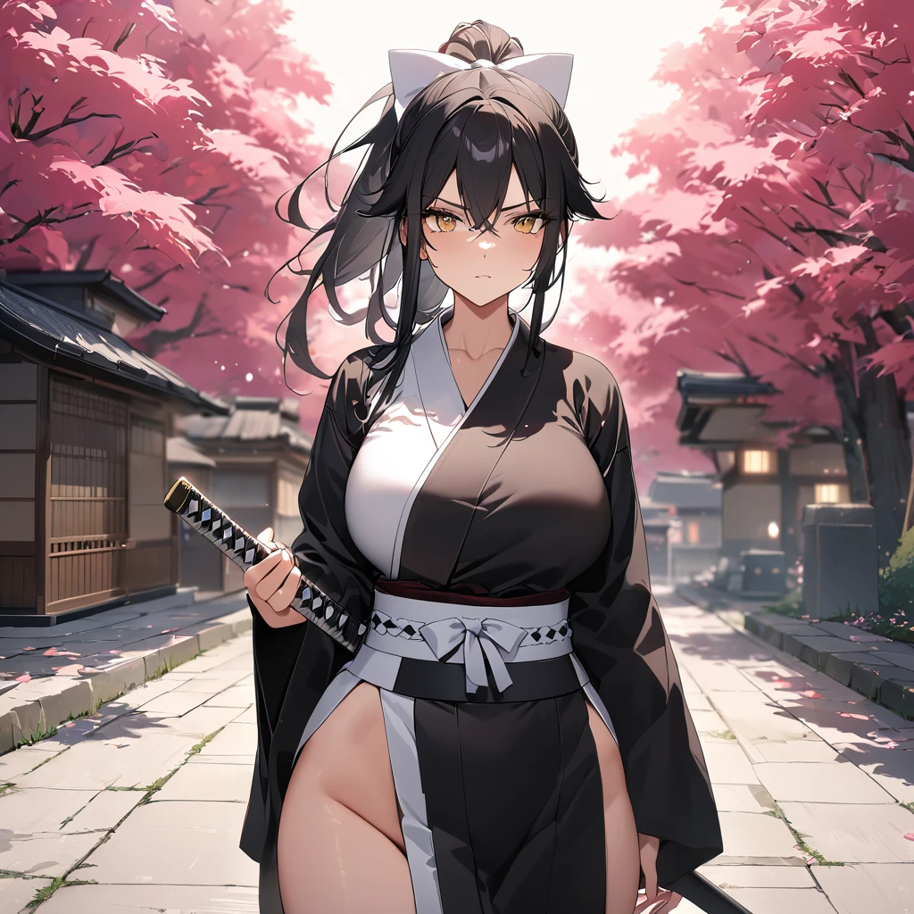 A woman wearing a traditional black kimono with white details, large breasts, black hair, long hair, ponytail hair, white bow in her hair, yellow eyes, serious face, holding a katana with sheath, standing outside a Japanese dojo, tree sakura around, concrete walkway with garden in the background,,UHD , prime work , accurate , anatomically correct , textured skin , super details , high quality , best quality, 8k, high resolution, bokeh effect. (woman alone)
