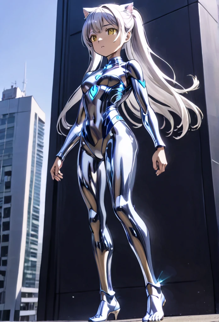 1girl, solo, anime style, 4k quality, masterpiece, best quality, ultra series, sword art online, youngest, cat girl, yui, long hair, blunt bangs, white hair, very long hair, high ponytail, cat ears, cat tail, barefoot, ultragirl, robot, colored skin, glowing eyes, yellow eyes, flat chest, giantess, giant, metallic face, metallic skin, shiny skin, chrome skin, gem on chest, colour timer on chest, chest jewel, blue jewel, muscular, abs, muscular female, Female Bodybuilding Style, alternate muscle size, muscle, flexing pose, standing, looking at viewer, full body, from behind, back, smile face, open mouth, upper teeth only, round teeth, standing, giantess, outdoor, city, citycape, skyscraper