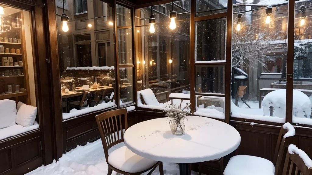 Open cafe in winter night. Light bulbs hanging. Street full of snow. Tables and chairs. Beautiful french cafe in warm light inside the glass window. Snow flakes falling.
