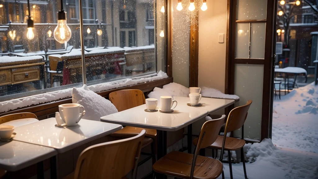 Open cafe in winter night. Light bulbs hanging. Street full of snow. Tables and chairs. Beautiful french cafe in warm light inside the glass window. Snow flakes falling.