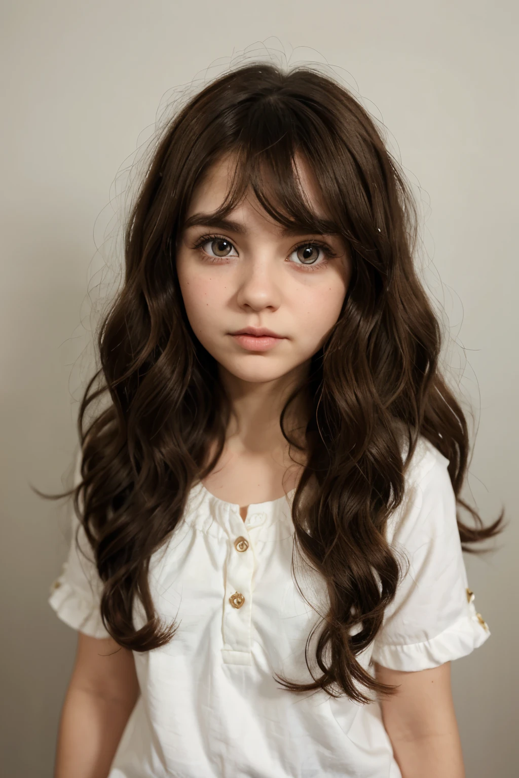 blythe doll, thick wavy hair, baggy eyes, round face, not too white , Brown eyes, dark brown hair