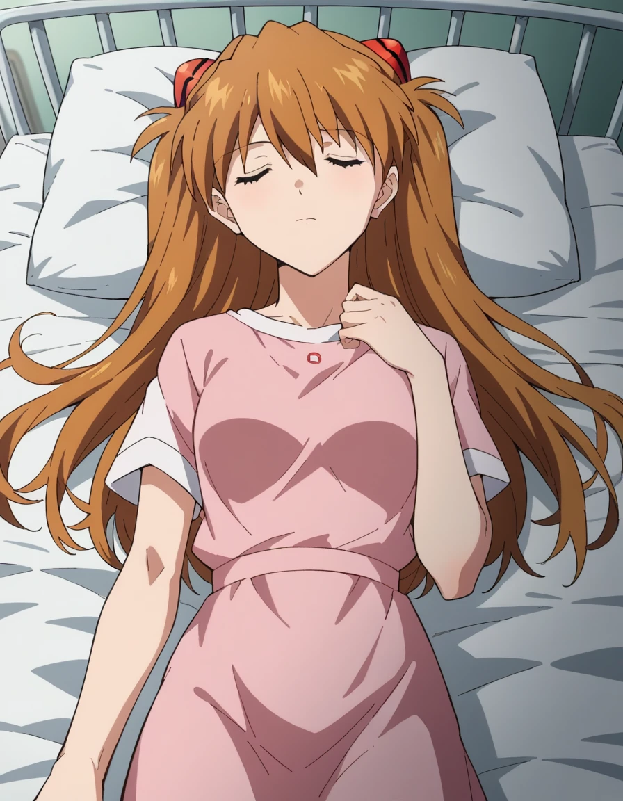 
underwear,nudescore_9, score_8_up, score_7_up, source_anime,
asukalangley, asuka langley soryu, long hair, bangs, brown hair, hair ornament,
hospital gown,
indoors, hospital, lying on back, sleeping, hospital bed, closed eyes,
looking at viewer, dutch angle, cowboy shot,