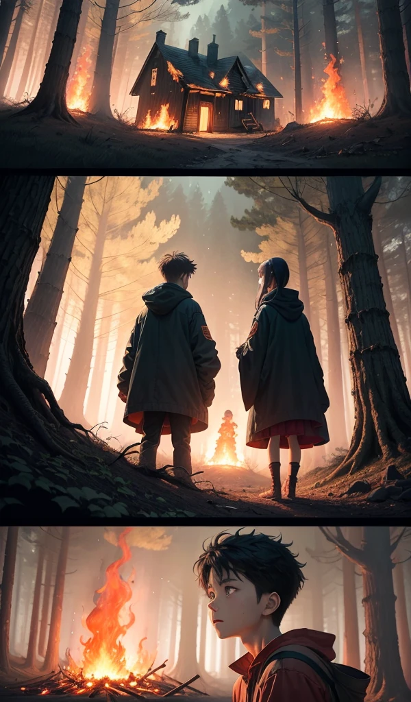 (Anime style, highly detailed), one boy and one girl pausing at a safe distance, looking back at the burning candy house in the deep forest. Burned sweets and treats all around with faces illuminated by the glow of the fire, capturing a mixture of relief and lingering fear. Forest surrounding them.