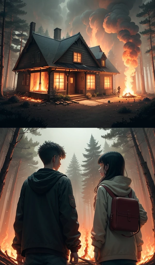 (Anime style, highly detailed), one boy and one girl pausing at a safe distance, looking back at the burning candy house in the deep forest. Burned sweets and treats all around with faces illuminated by the glow of the fire, capturing a mixture of relief and lingering fear. Forest surrounding them.