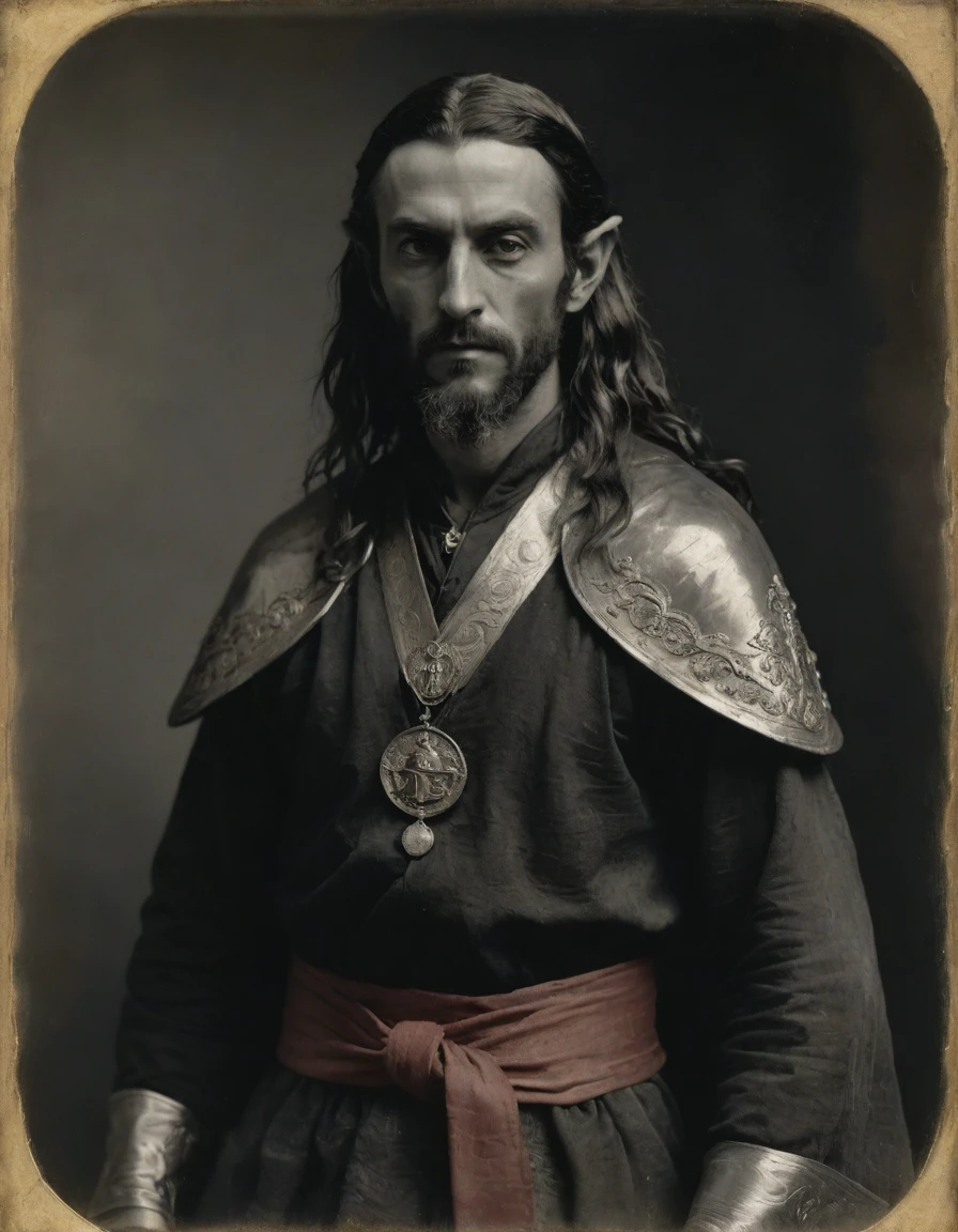 by Théodore Géricault, ((((Rough monochrome, daguerreotype)))), the composition is: (((male high elf, bronze skin, red eyes, elven ears, Byzantine beard, long hair, he is wearing Hanfu robes with Persian elements, sashes, medals, pendants))).