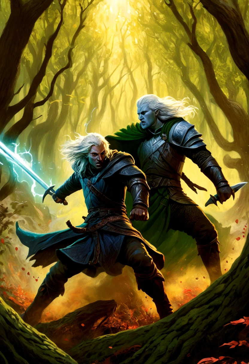 Image of Drizzt do Urden and Wulfgar fighting in a forest in the sun