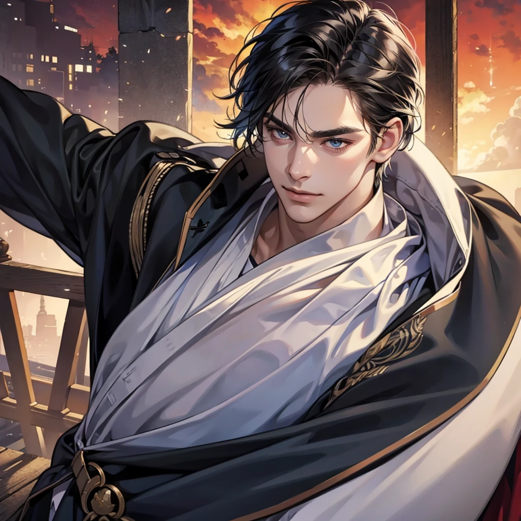 (best quality,4k,8k,highres,masterpiece:1.2),ultra-detailed,(realistic,photorealistic,photo-realistic:1.37),30 year old man,3 day beard,handsome anime,portraits,strong,masculine,dark hair,sharp jawline,mesmerizing eyes,perfectly styled hair,cool anime outfit,confident expression,vibrant colors,dynamic lighting, CEO and expression smile in love.