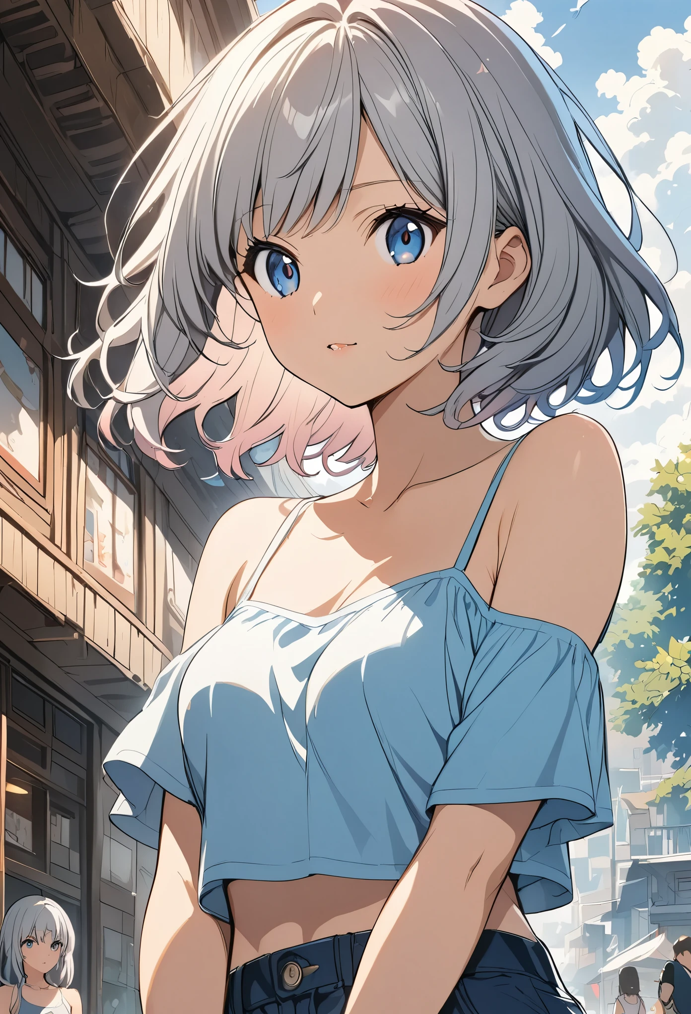  female，silver hair，blue eyes，short camisole，crop shirt，Off shoulders，white，Art， anime，illustration