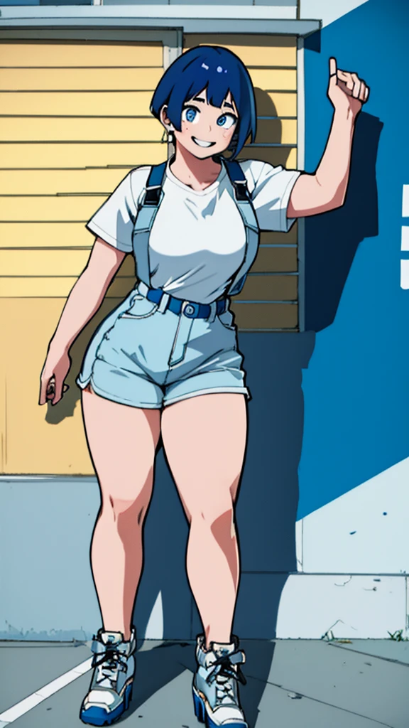 Girl, blue hair, blue eyes, short hair, flowers earrings, freckles, big , white t shirt, mini shorts, white high heels, thicc, standing smiling.