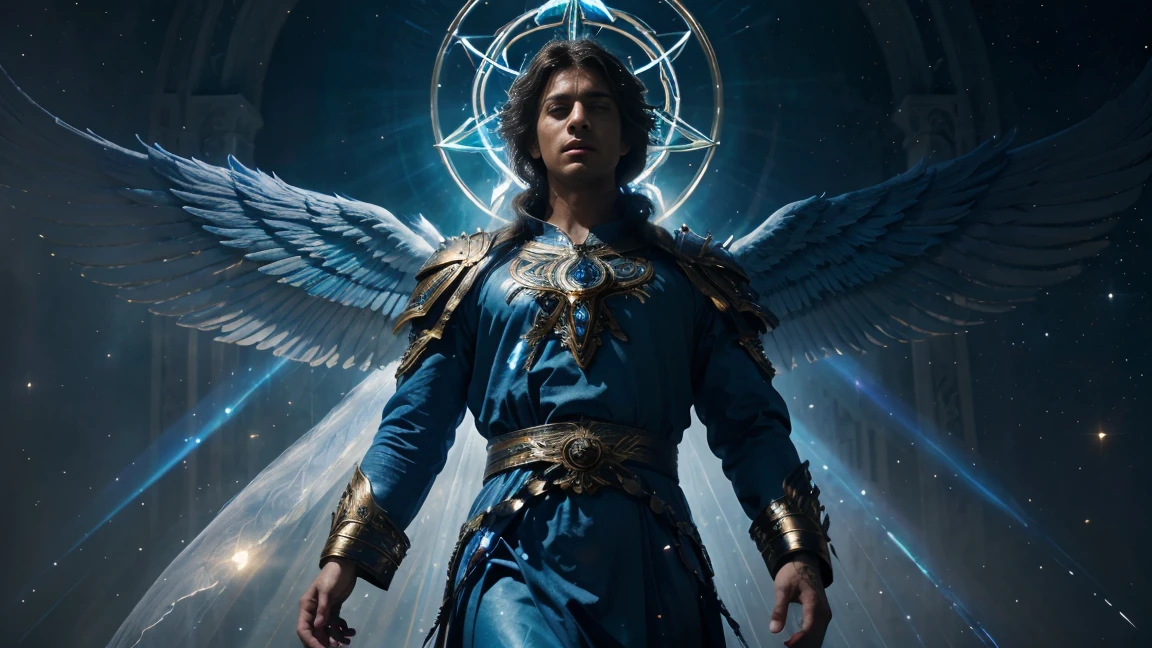 archangel metatron, male angel, bright blue energy aura, emanating divine light, celestial being, floating in space, detailed angelic features, ornate robes and armor, dramatic lighting, cinematic composition, intricate details, dramatic and epic, vibrant colors, atmosphere of otherworldly, majestic and powerful, photorealistic, ((cinematic lighting)), 8k, high resolution, masterpiece