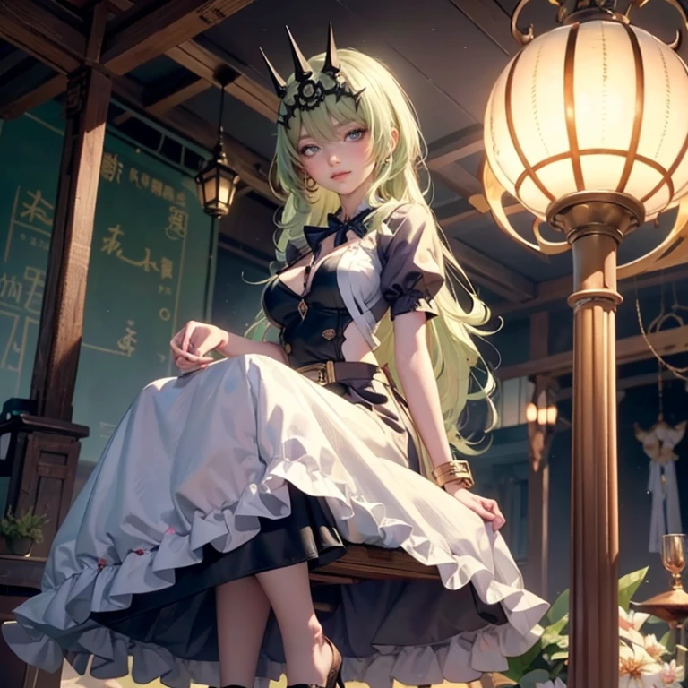 Mobius_(honkai impact 3d), ornament hair, perfectly body, perfectly hands, wave hair, light green hair, long hair, maid, maid dress, maid headdress, maid apron, garden, temple, shrine, outside, Chinese festival scenery, gold lantern, Chinese lantern, fireworks, black dress, more details on her clothes, black dress, golden details, night, smiling, ((4k, masterpiece, top-quality)),8k, best quality, high resolution, HD, (illustration:0.8), super cute girl, delicate and beautiful face, 1girl, solo, mature girl, super cute hairstyle, (beautiful detailed eyes:1.6), extremely detailed face, perfect lighting, extremely detailed CG, (perfect hands, perfect anatomy), Best quality, cleavage, skirt, full Body,