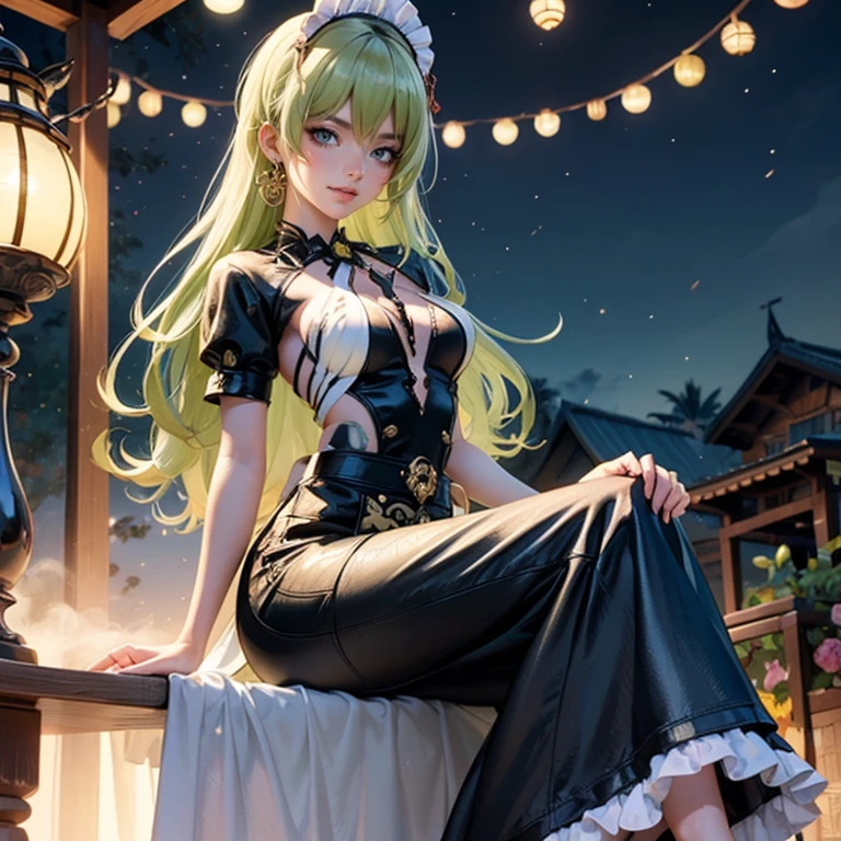 Mobius_(honkai impact 3d), ornament hair, perfectly body, perfectly hands, wave hair, light green hair, long hair, maid, maid dress, maid headdress, maid apron, garden, temple, shrine, outside, Chinese festival scenery, gold lantern, Chinese lantern, fireworks, black dress, more details on her clothes, black dress, golden details, night, smiling, ((4k, masterpiece, top-quality)),8k, best quality, high resolution, HD, (illustration:0.8), super cute girl, delicate and beautiful face, 1girl, solo, mature girl, super cute hairstyle, (beautiful detailed eyes:1.6), extremely detailed face, perfect lighting, extremely detailed CG, (perfect hands, perfect anatomy), Best quality, cleavage, skirt, full Body,