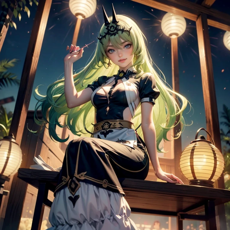 Mobius_(honkai impact 3d), ornament hair, perfectly body, perfectly hands, wave hair, light green hair, long hair, maid, maid dress, maid headdress, maid apron, garden, temple, shrine, outside, Chinese festival scenery, gold lantern, Chinese lantern, fireworks, black dress, more details on her clothes, black dress, golden details, night, smiling, ((4k, masterpiece, top-quality)),8k, best quality, high resolution, HD, (illustration:0.8), super cute girl, delicate and beautiful face, 1girl, solo, mature girl, super cute hairstyle, (beautiful detailed eyes:1.6), extremely detailed face, perfect lighting, extremely detailed CG, (perfect hands, perfect anatomy), Best quality, cleavage, skirt, full Body,