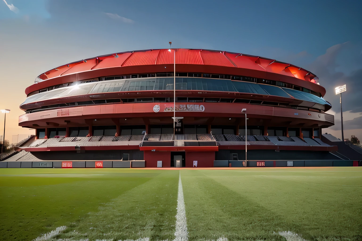 red and black soccer stadium from outside at night