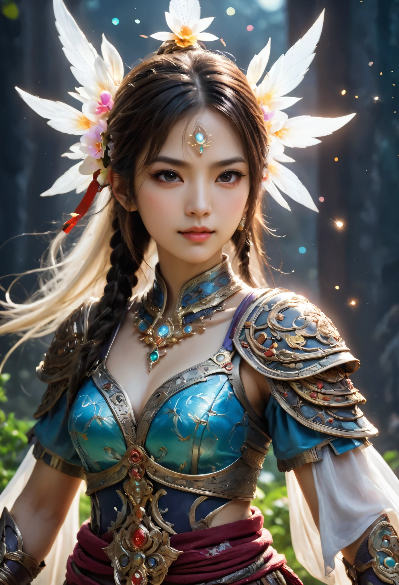 8K resolution, masterpiece, Highest quality, Award-winning works, unrealistic, final fantasy, Royal Jewel,Photorealistic Painting by Midjourney and Greg Rutkowski, , elegant, Very detailed, Delicate depiction of hair, miniature painting, Digital Painting, Art Station, Concept Art, Smooth, Sharp focus, shape, nature, Clear shadows, Full body portrait, Asura, God of War, Castle in the Sky, A strip of light pouring down from the sky, A pillar of light stretching to the sky, Complex colors, Buddhist Mandala, Colorful magic circle, flash, Mysterious Background, Aura, A gentle gaze, BREAK, Small faint lights and flying fireflies, night, Starry Sky, milky way, nebula, shooting star, Flowers, birds, wind and moon,erotic, sole sexy lady, healthy shaped body, Anatomically accurate skeleton, 22 years old lady, Asura, 170cm tall, huge firm bouncing busts, Holy sword in both hands, Complicated armor, Brightly colored armor