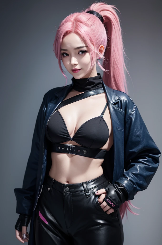 One who wears her pink hair in a ponytail with a black mask that has the detail of a red laugh with a blue blouse showing her belly with gloves and baggy pants with blue details