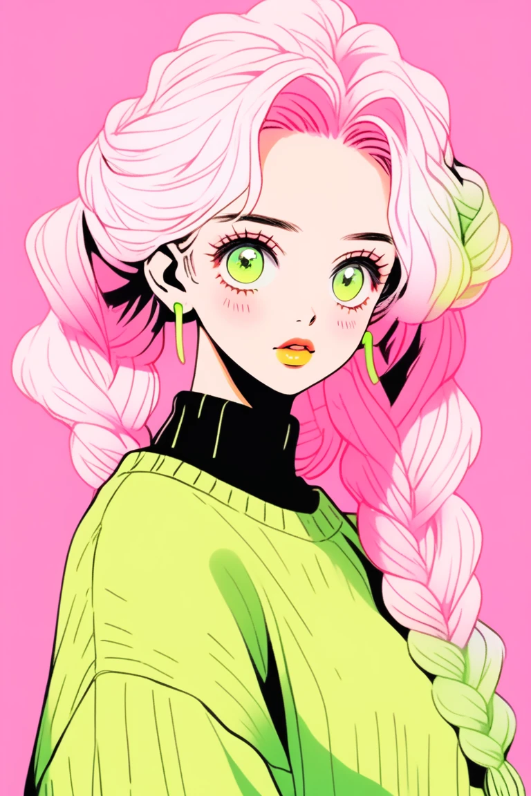 (Highest quality, sketch:1.2),Realistic,Illustrator,anime,1 Girl, Detailed lips,sweater,custom,Pink gradient background,Neon Hair,Texture Cropping,masterpiece, Style: Retro Classic, Dark Black、Braid、Eyes are yellow-green、Pink and yellow-green gradient hair color 