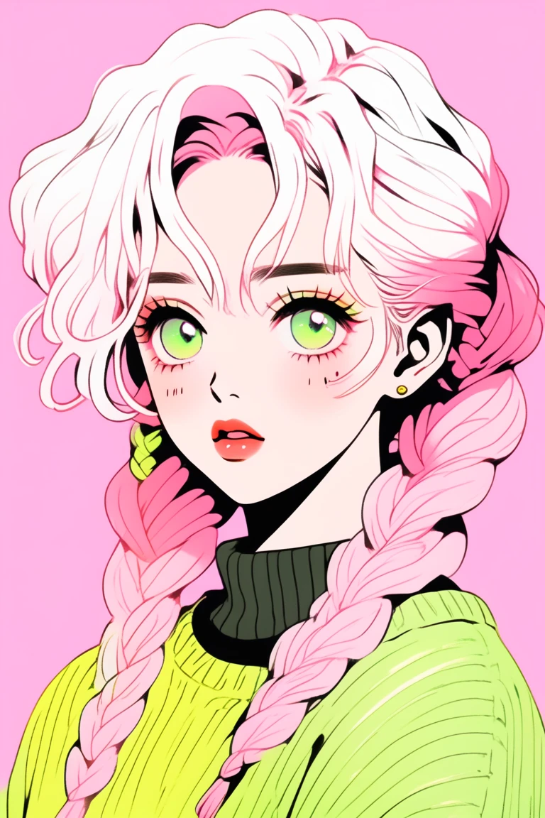 (Highest quality, sketch:1.2),Realistic,Illustrator,anime,1 Girl, Detailed lips,sweater,custom,Pink gradient background,Neon Hair,Texture Cropping,masterpiece, Style: Retro Classic, Dark Black、Braid、Eyes are yellow-green、Pink and yellow-green gradient hair color 