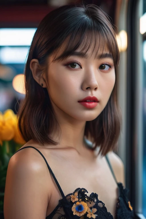 (masterpiece:1.35),(bestquality:1.4),8k,ultra-detailed,photography,(ultra-realistic:1.4),Art Composition,1girl,asian slim girl,solo,brown hair,flower,dress,see-through,perfect skin,(extremely deteailed hair),(very detailed eyes),perfect finger,natural skin texture,brown eyes,lips,photograph,hyperrealism,cinematic color grading,cyberpunk,1girl,woman,beautiful,brightly lit interior,in a Romantic Goth train station,(front view:1.486),