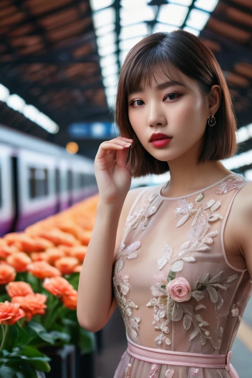 (masterpiece:1.35),(bestquality:1.4),8k,ultra-detailed,photography,(ultra-realistic:1.4),Art Composition,1girl,asian slim girl,solo,brown hair,flower,dress,see-through,perfect skin,(extremely deteailed hair),(very detailed eyes),perfect finger,natural skin texture,brown eyes,lips,photograph,hyperrealism,cinematic color grading,cyberpunk,1girl,woman,beautiful,brightly lit interior,in a Romantic Goth train station,(front view:1.486),