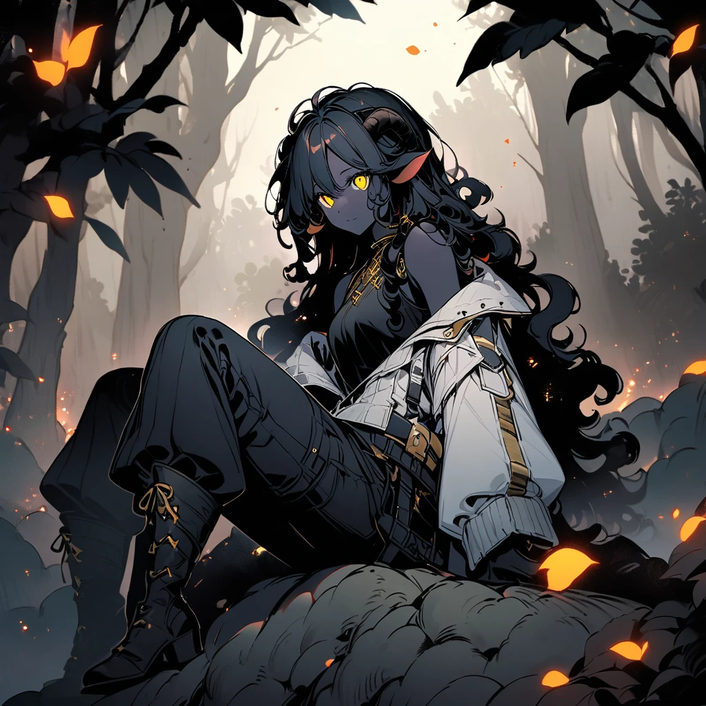 woman, black skin, sheep's tail, ears and horns, curly hair down to her black shoulders, yellow eyes, loose black shirt, white jacket with black details, black pants, black boots.
 sitting on a rock in a forest
