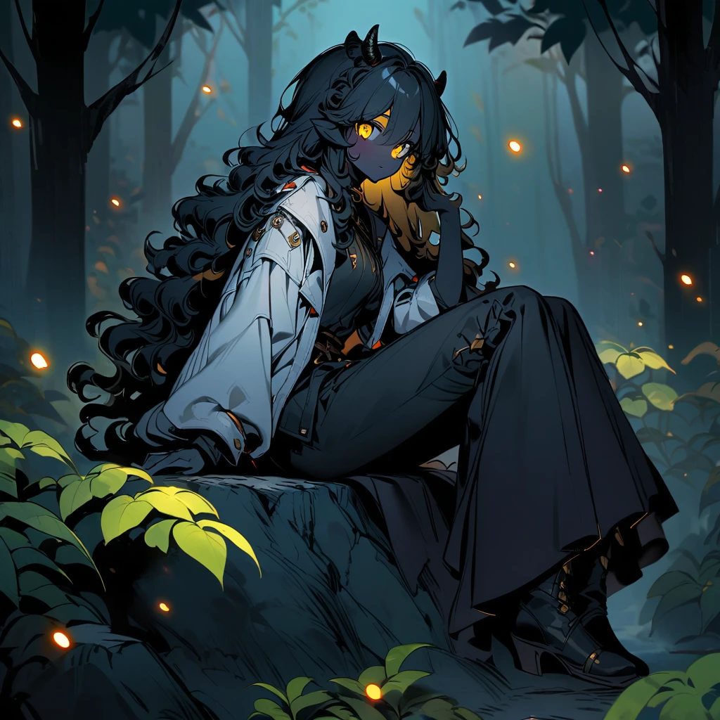 woman, black skin, sheep's tail, ears and horns, curly hair down to her black shoulders, yellow eyes, loose black shirt, white jacket with black details, black pants, black boots.
sitting on a rock in a forest