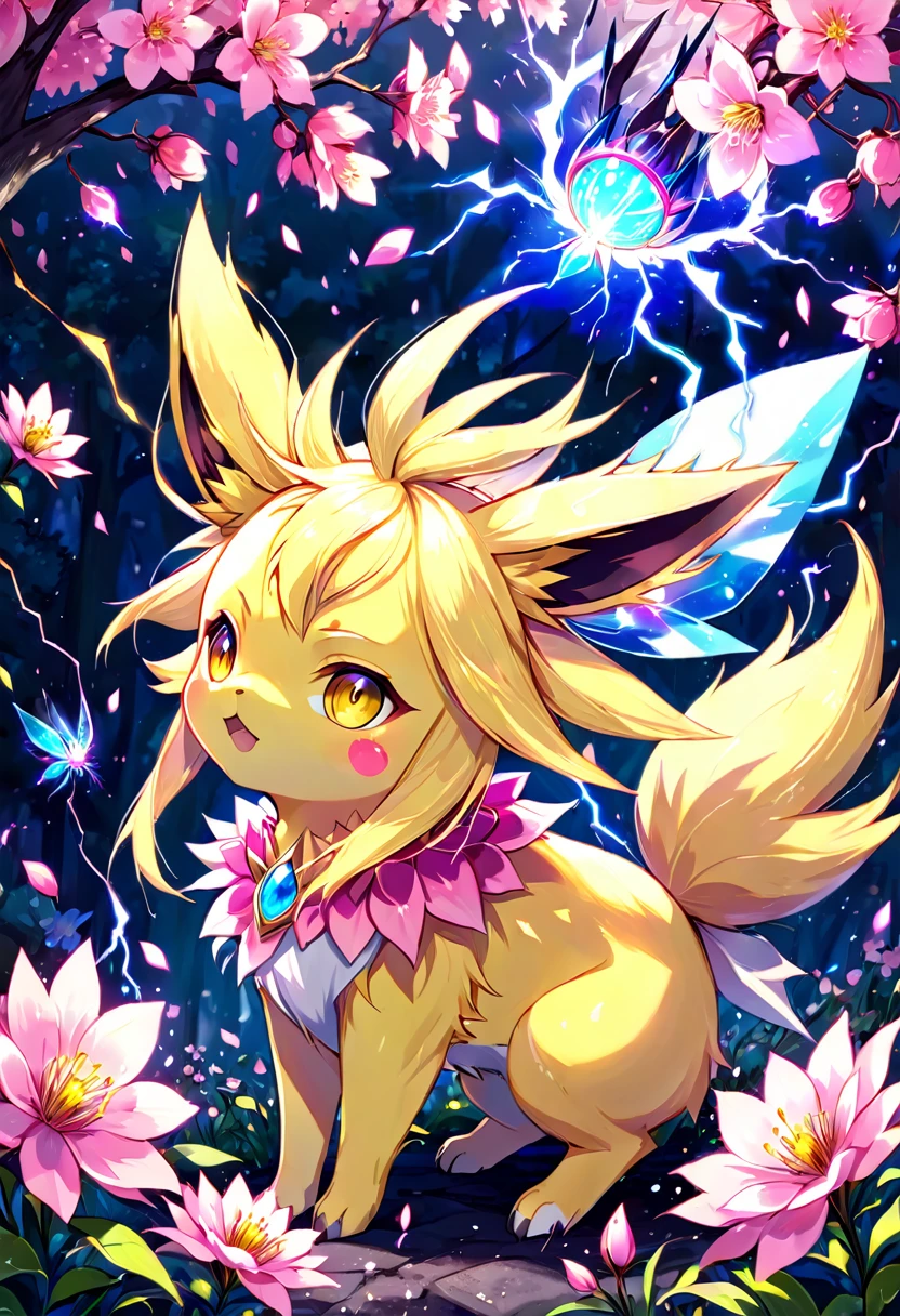 absurdres, highres, ultra detailed, HDR, master piece, Jolteon, Pokemon, extremely cute, best quality, blossoms, pink petals, pink flowers, fantasy, magical, solo, yellow lightning, blue shining fireflies