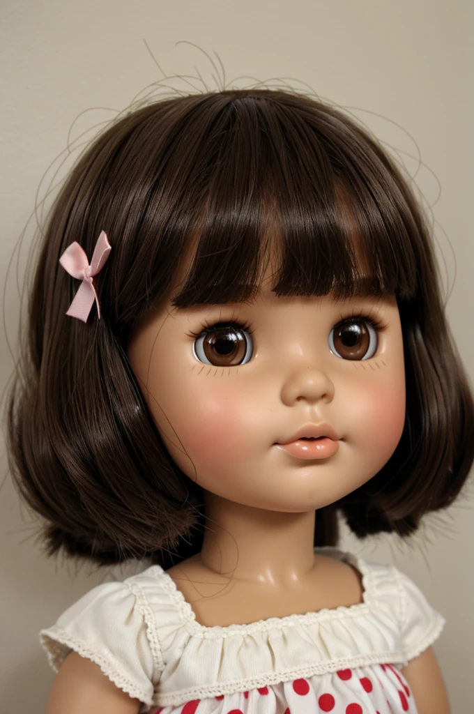 doll blythe dark brown eyes big chubby cheeks small nose polka dots hair on the shoulders dark brown hair and no bangs